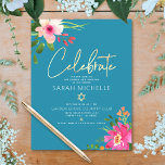 Bat Mitzvah Blue Waterverf Floral Gold Script Informatiekaartje<br><div class="desc">Wees trots, verheug je en laat deze mijlpaal van je favoriete Bat Mitzvah zien! Voeg dit moderne, sprankelende, gepersonaliseerde tussenvoegsel toe voor extra informatie aan uw gebeurtenis. Een prachtige, roze en perzik bloemige waterverf met faux gouden folie script typografie en moderne witte sans serif type overlay een stoffige turquoise blauwgroen...</div>