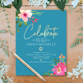 Bat Mitzvah Blue Waterverf Floral Gold Script Informatiekaartje