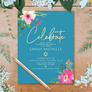 Bat Mitzvah Blue Waterverf Floral Gold Script Informatiekaartje
