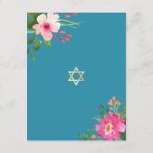 Bat Mitzvah Blue Waterverf Floral Gold Script Informatiekaartje (Achterkant)