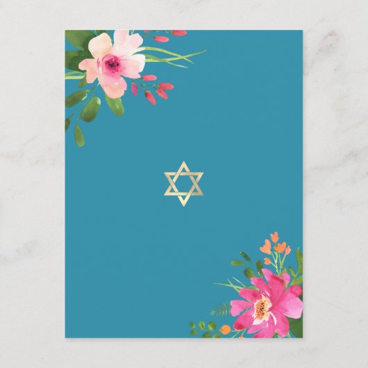 Bat Mitzvah Blue Waterverf Floral Gold Script Informatiekaartje (Achterkant)