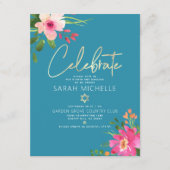 Bat Mitzvah Blue Waterverf Floral Gold Script Informatiekaartje (Voorkant)