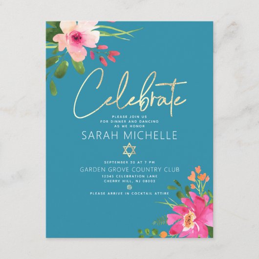 Bat Mitzvah Blue Waterverf Floral Gold Script Informatiekaartje (Voorkant)