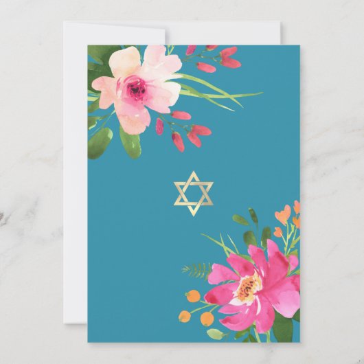 Bat Mitzvah Blue Waterverf Floral Gold Script Kaart (Achterkant)