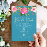 Bat Mitzvah Blue Waterverf Floral Gold Script Kaart<br><div class="desc">Wees trots, verheug je en laat deze mijlpaal van je favoriete Bat Mitzvah zien met deze verfijnde, gepersonaliseerde uitnodiging! Een chique, prachtige, roze en perzik bloemige waterverf met faux gouden folie script typografie en moderne witte sans serif type overlay een stoffige turquoise blauwgroen blauwe achtergrond. Personaliseer de aangepaste tekst met...</div>