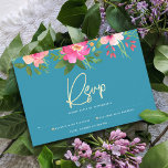 Bat Mitzvah Blue Waterverf Floral Gold Script RSVP Kaartje<br><div class="desc">Wees trots, verheug je en vier deze mijlpaal van je favoriete Bat Mitzvah met deze verfijnde, gepersonaliseerde RSVP-insteekkaart voor je evenement! Een prachtige, roze en perzik bloemige waterverf met faux gouden folie script typografie en moderne witte sans serif type overlay een stoffige turquoise blauwgroen blauwe achtergrond. Extra waterverf bloemen en...</div>