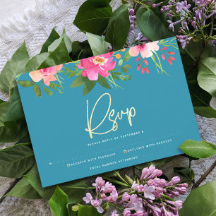 Bat Mitzvah Blue Waterverf Floral Gold Script RSVP Kaartje