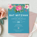 Bat Mitzvah Blue Waterverf Floral Modern Eenvoudig Kaart<br><div class="desc">Wees trots, verheug je en laat deze mijlpaal van je favoriete Bat Mitzvah zien met deze verfijnde, gepersonaliseerde uitnodiging! Een chique, prachtige, roze en perzik bloemige waterverf met moderne sans serif type overlays een stoffige turquoise blauwgroen blauwe achtergrond. Personaliseer de aangepaste tekst met de naam, datum en locatie van uw...</div>