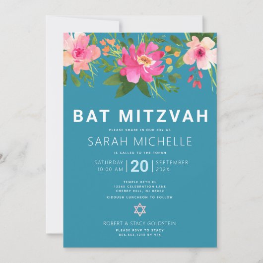 Bat Mitzvah Blue Waterverf Floral Modern Eenvoudig Kaart (Voorkant)