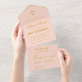 Bat Mitzvah Blush Pink Faux Gold Elegant Script All In One Uitnodiging