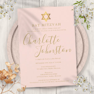 Bat Mitzvah Blush Pink Gold Script Invitation Kaart