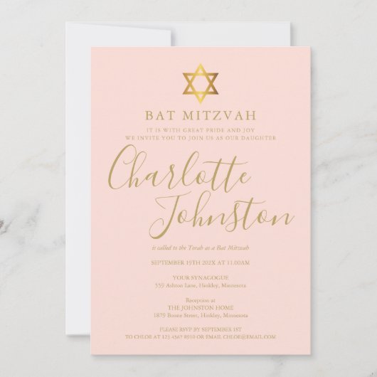 Bat Mitzvah Blush Roze Gouden Script Uitnodiging (Voorkant)
