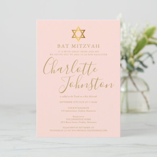 Bat Mitzvah Blush Roze Gouden Script Uitnodiging (Staand voorkant)