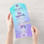 Bat Mitzvah Boho Retro Blauw Paarse Gradiënt Vet All In One Uitnodiging<br><div class="desc">Wees trots, verheug je en laat deze mijlpaal van je favoriete Bat Mitzvah zien met deze leuke boho retro, aangepaste all-in-one uitnodiging voor een evenement om te onthouden. Hippe, groovy, vet paarse en marineblauwe typografie met moderne sans serif typografie bedekken een achtergrond van pop lichte turquoise en paarse ombre gradiënt...</div>
