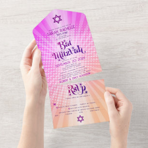 Bat Mitzvah Boho Retro Roze Oranje Gradiënt Vet All In One Uitnodiging