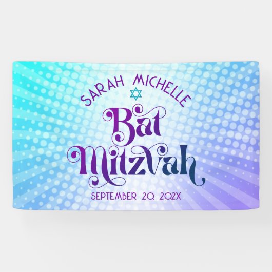 Bat Mitzvah Bold Boho Retro Blauw Paarse Gradiënt Spandoek (Horizontaal)
