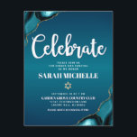 Bat Mitzvah Bold Gold Turquoise Ombre Agate Script Informatiekaartje<br><div class="desc">Wees trots, verheug je en laat deze mijlpaal van je favoriete Bat Mitzvah zien! Voeg dit coole, unieke, moderne, gepersonaliseerde inlegvel toe voor extra informatie over uw evenement. Witte scripttypografie en een faux gouden ster van David bedekken een diepe turquoise blauwgroen blauwe ombre achtergrond met turquoise blauwe agaat geaccentueerd met...</div>