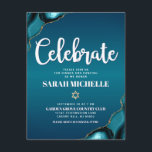 Bat Mitzvah Bold Gold Turquoise Ombre Agate Script Informatiekaartje<br><div class="desc">Wees trots, verheug je en laat deze mijlpaal van je favoriete Bat Mitzvah zien! Voeg dit coole, unieke, moderne, gepersonaliseerde inlegvel toe voor extra informatie over uw evenement. Witte scripttypografie en een faux gouden ster van David bedekken een diepe turquoise blauwgroen blauwe ombre achtergrond met turquoise blauwe agaat geaccentueerd met...</div>