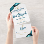 Bat Mitzvah Bold Modern Turquoise Agaat Script All In One Uitnodiging<br><div class="desc">Wees trots, verheug je en laat deze mijlpaal van je favoriete Bat Mitzvah zien! Stuur deze coole, unieke, moderne, aangepaste all-in-one uitnodiging voor een evenement om te onthouden. Donker blauwgroen blauw schrift typografie en faux gold Star of David overlay eenvoudige, schone witte achtergrond met turquoise blauw agaat geaccentueerd met faux...</div>