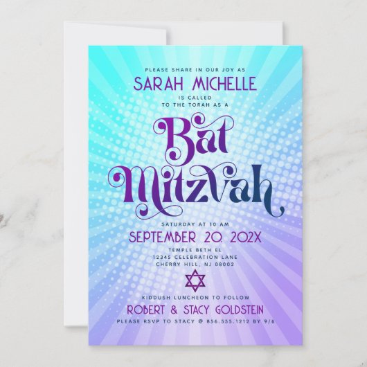 Bat Mitzvah Bold Retro Boho Blauw Paarse Gradiënt Kaart (Voorkant)