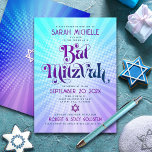 Bat Mitzvah Bold Retro Boho Blauw Paarse Gradiënt Kaart<br><div class="desc">Wees trots, verheug je en laat deze mijlpaal van je favoriete Bat Mitzvah zien met deze leuke boho retro, gepersonaliseerde uitnodiging! Leuke, trendy, gedurfde paarse en marineblauwe typografie met moderne sans serif typografie overlay een achtergrond van pop lichte turquoise en paarse ombre gradiënt stralen met witte stippen. Op de achterkant...</div>