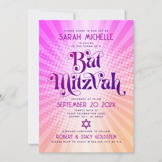 Bat Mitzvah Bold Retro Boho Roze Oranje Gradient Kaart (Voorkant)