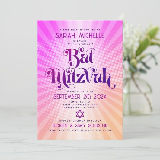 Bat Mitzvah Bold Retro Boho Roze Oranje Gradient Kaart (Staand voorkant)