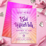 Bat Mitzvah Bold Retro Boho Roze Oranje Gradient Kaart<br><div class="desc">Wees trots, verheug je en laat deze mijlpaal van je favoriete Bat Mitzvah zien met deze leuke boho retro, gepersonaliseerde uitnodiging! Leuke, trendy, gedurfde donkerroze en paarse typografie met moderne sans serif typografie overlay een achtergrond van pop licht sinaasappel en roze ombre gradiënt stralen met witte stippen. Op de achterkant...</div>