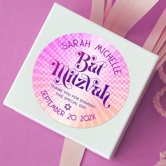 Bat Mitzvah Bold Retro Boho Roze Oranje Gradient Ronde Sticker
