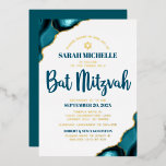 Bat Mitzvah Bold Turquoise Agaat Script Echt Goud Folie Uitnodiging<br><div class="desc">Wees trots, verheug je en laat deze mijlpaal van je favoriete Bat Mitzvah zien! Stuur deze coole, unieke, moderne, gepersonaliseerde echte gouden folie-uitnodiging voor een evenement om te onthouden. Blauwgroen Donkerblauw schrift typografie, echte gouden folie sans serif typografie, en een echte folie gouden ster van David overlay een eenvoudige, strakke...</div>