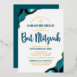 Bat Mitzvah Bold Turquoise Agaat Script Echt Goud Folie Uitnodiging