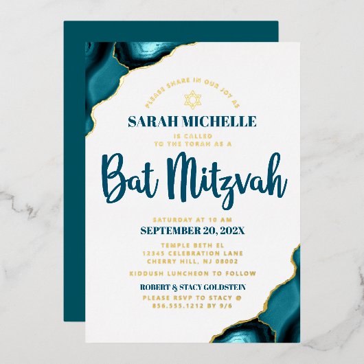 Bat Mitzvah Bold Turquoise Agaat Script Echt Goud Folie Uitnodiging (Voorkant / Achterkant)