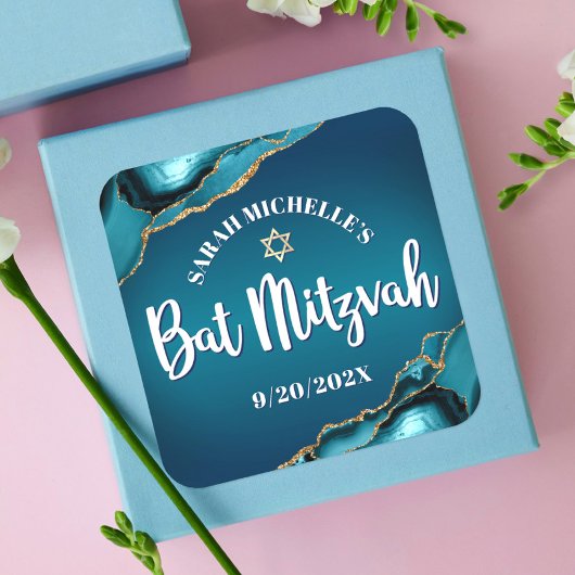 Bat Mitzvah Bold Turquoise Gouden Agaat Ombre Scri Vierkante Sticker