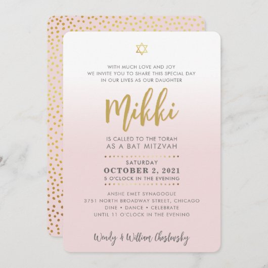  Bat Mitzvah bord roze goud elegant script Kaart (Voorkant / Achterkant)