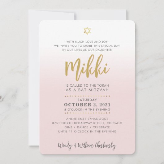 Bat Mitzvah bord roze goud elegant script Kaart (Voorkant)