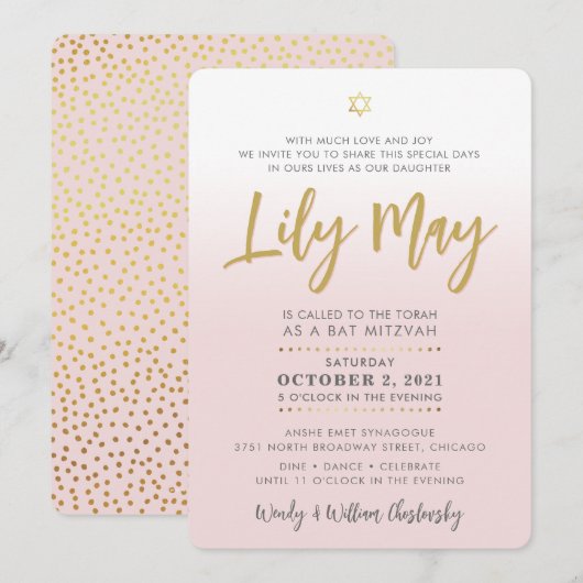 Bat Mitzvah bord roze goud elegant script Kaart (Voorkant / Achterkant)