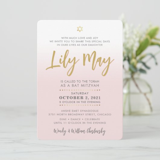 Bat Mitzvah bord roze goud elegant script Kaart (Staand voorkant)