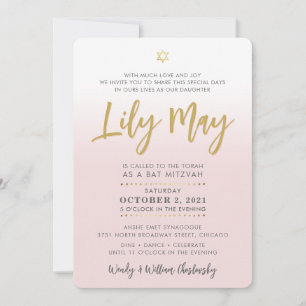  Bat Mitzvah bord roze goud elegant script Kaart