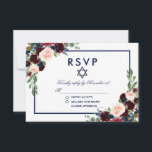 Bat Mitzvah bordeauxrood blauwe bloemen RSVP Kaartje<br><div class="desc">Watercolor bordeauxrood blauwe bloemen Bat Mitzvah RSVP kaart</div>