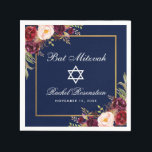 Bat Mitzvah Bourgogne Bloemen Goud Servet<br><div class="desc">Bat Mitzvah Waterverf Bourgogne Marsala Bloemen Goud Lijst Papier Servet</div>