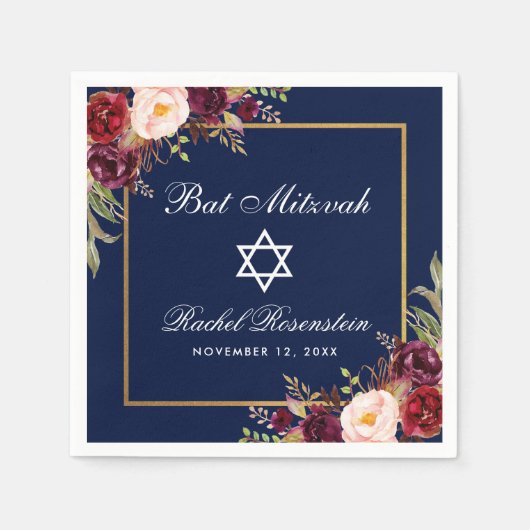 Bat Mitzvah Bourgogne Bloemen Goud Servet (Voorkant)