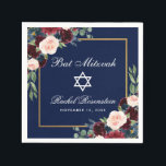 Bat Mitzvah Bourgondië Blauw Bloemen Goud Servet<br><div class="desc">Bat Mitzvah Waterverf Bourgogne Marsala Blauw Bloemen Goud Lijst Papier Servet</div>