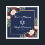Bat Mitzvah Bourgondië Blauw Bloemen Goud Servet<br><div class="desc">Bat Mitzvah Waterverf Bourgogne Marsala Blauw Bloemen Goud Lijst Papier Servet</div>