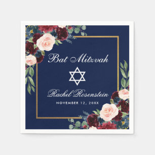 Bat Mitzvah Bourgondië Blauw Bloemen Goud Servet