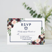 Bat Mitzvah Bourgondië Blauw Bloemen RSVP (Staand voorkant)
