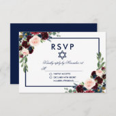 Bat Mitzvah Bourgondië Blauw Bloemen RSVP (Voorkant / Achterkant)