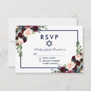Bat Mitzvah Bourgondië Blauw Bloemen RSVP