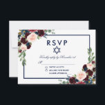 Bat Mitzvah Bourgondië Blauw Bloemen RSVP Kaartje<br><div class="desc">Waterverf Bourgondië Blauw Bloemen Bat Mitzvah RSVP-kaart</div>