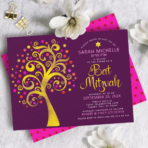 Bat Mitzvah Bourgondië Goud Folie Script Boom des Kaart