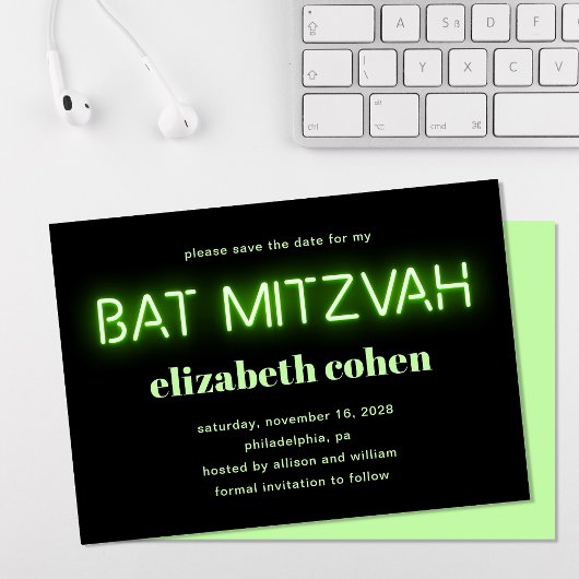 Bat Mitzvah Bright Green Neon licht sparen de datu Kaart